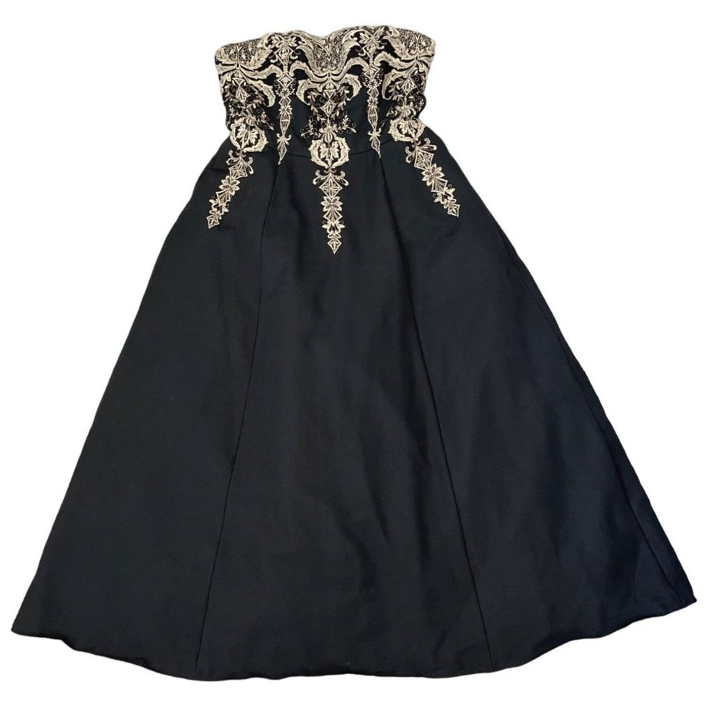Marchesa Notte Black Gold Embroidered Strapless Ball Gown Tulle Cotton Silk Sz 1